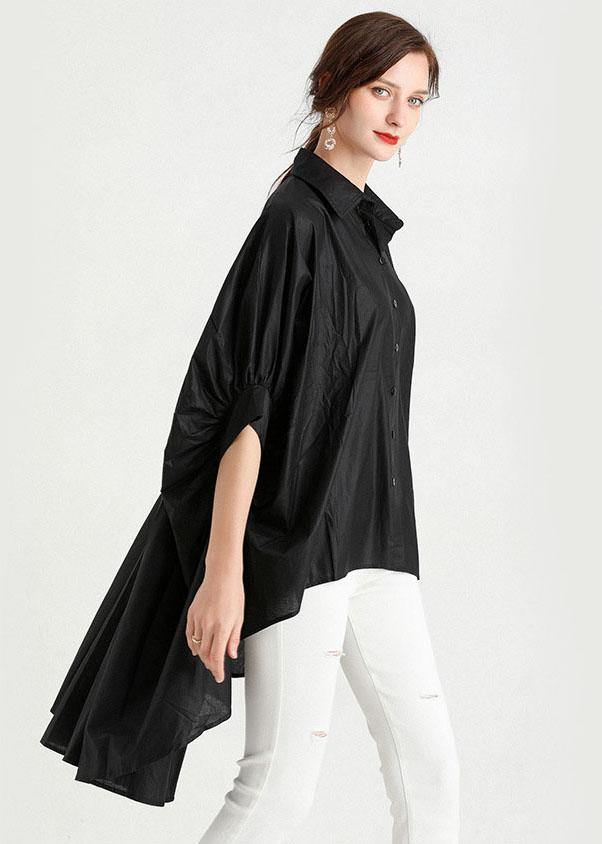 Art Black Wrinkled Button Summer Cotton Shirt Half Sleeve Top - SooLinen
