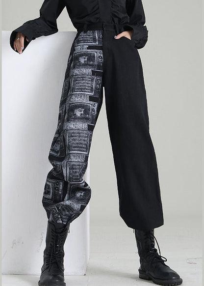 Art Black Zip Up Patchwork Denim Hose Frühling