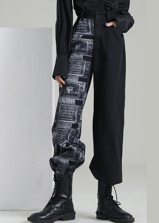 Art Black Zip Up Patchwork Denim Hose Frühling