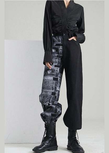 Art Black Zip Up Patchwork Denim Hose Frühling