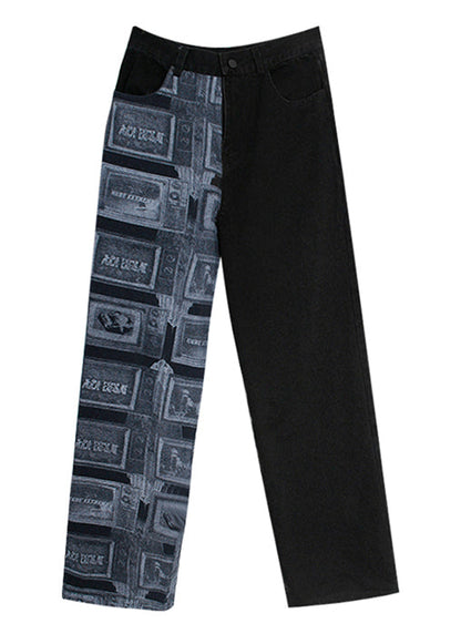 Art Black Zip Up Patchwork Denim Hose Frühling