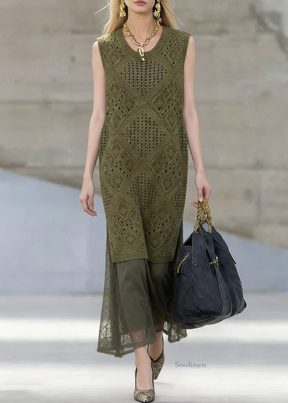 Art Blackish Green Hollow Out Knit Dress And Lace Skirts Two Pieces Set Summer
