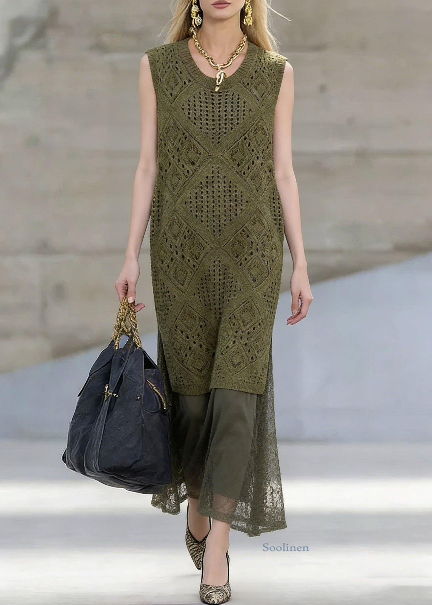 Art Blackish Green Hollow Out Knit Dress And Lace Skirts Two Pieces Set Summer