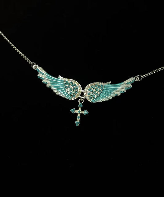 Art Blue Angel Wings Zircon Adjustable Alloy Pendant Necklace