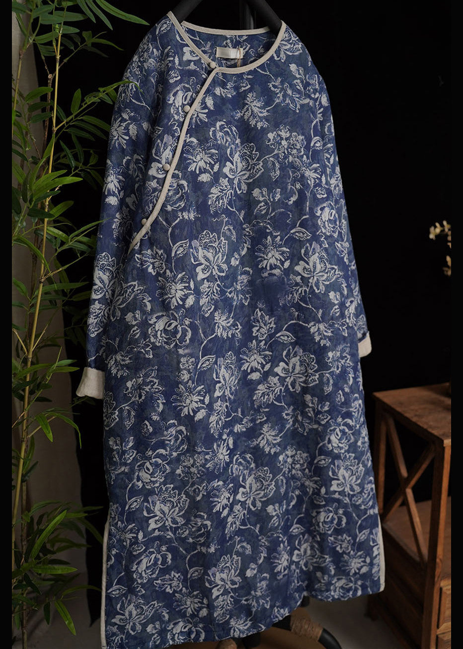 Art Blue Button Print Side Open Cotton Filled Long Dresses