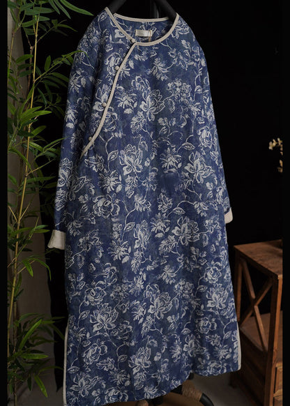 Art Blue Button Print Side Open Cotton Filled Long Dresses
