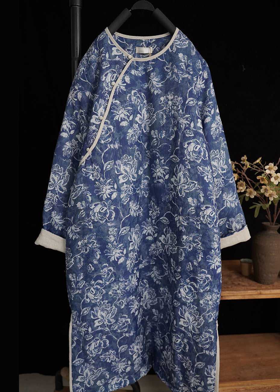 Art Blue Button Print Side Open Cotton Filled Long Dresses