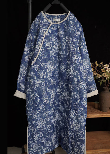 Art Blue Button Print Side Open Cotton Filled Long Dresses