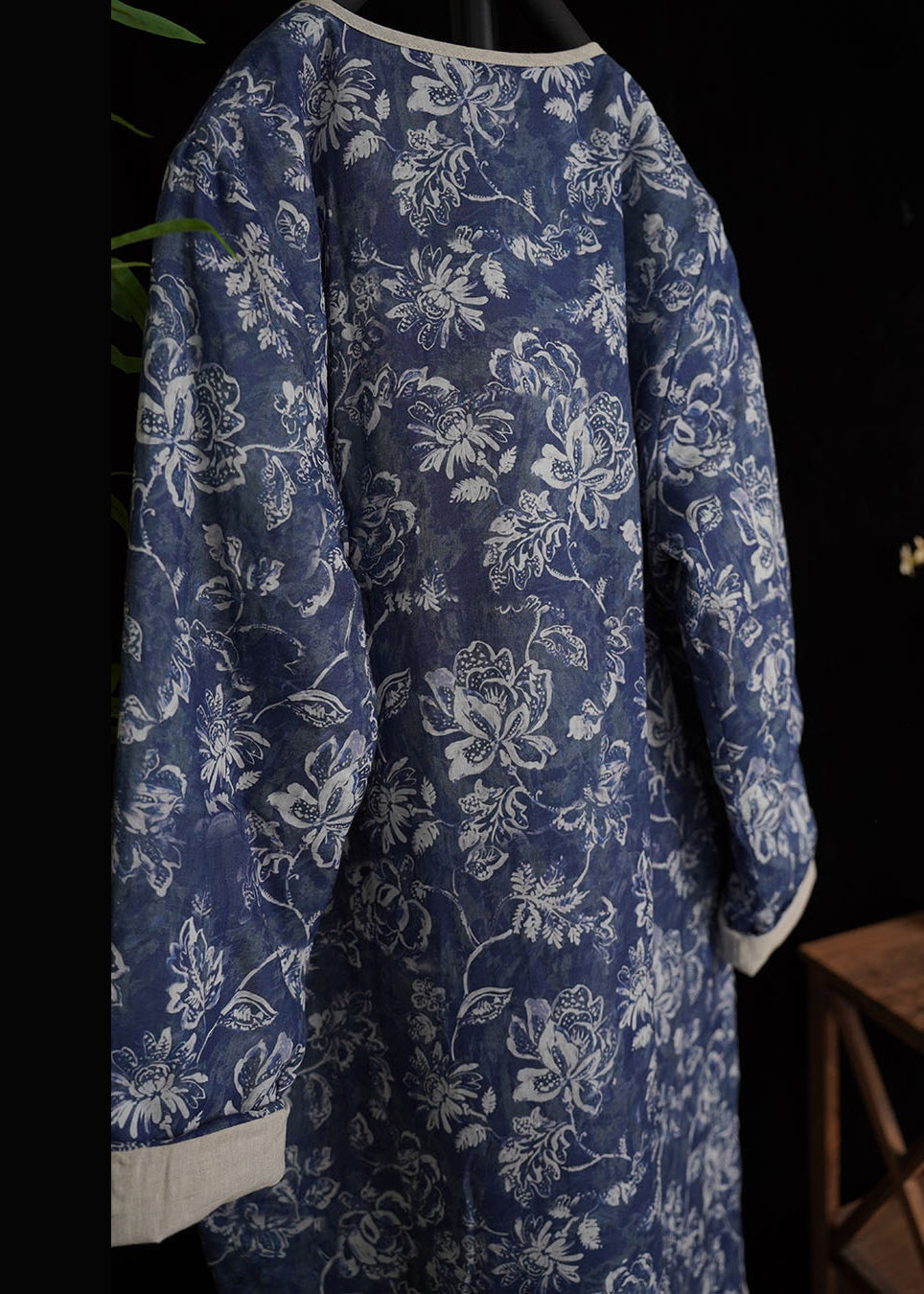 Art Blue Button Print Side Open Cotton Filled Long Dresses