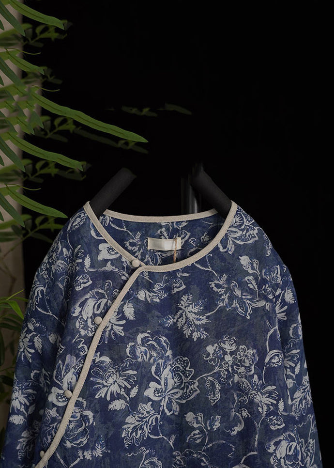 Art Blue Button Print Side Open Cotton Filled Long Dresses