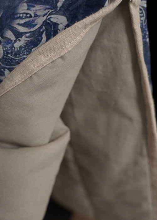 Art Blue Button Print Side Open Cotton Filled Long Dresses