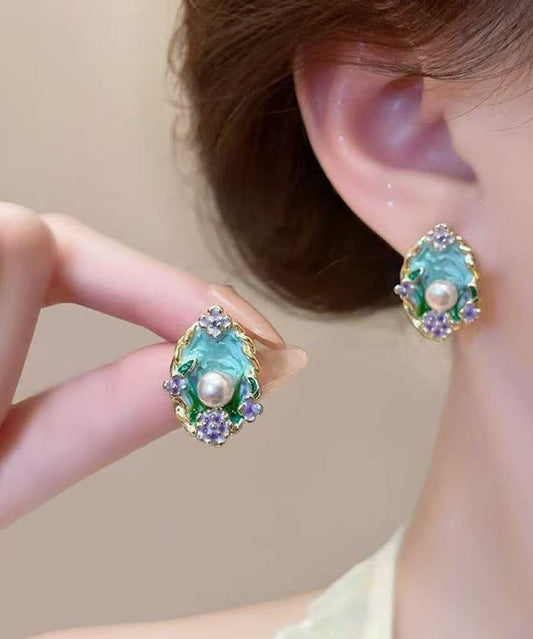 Art Blue Copper Pearl Dripping Glaze Floral Stud Earrings