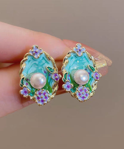 Art Blue Copper Pearl Dripping Glaze Floral Stud Earrings