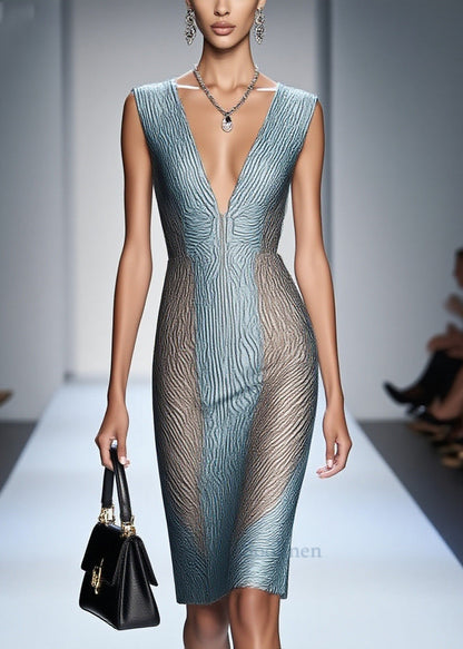 Art Blue Deep-V Neck Print Silk Work Dress Sleeveless