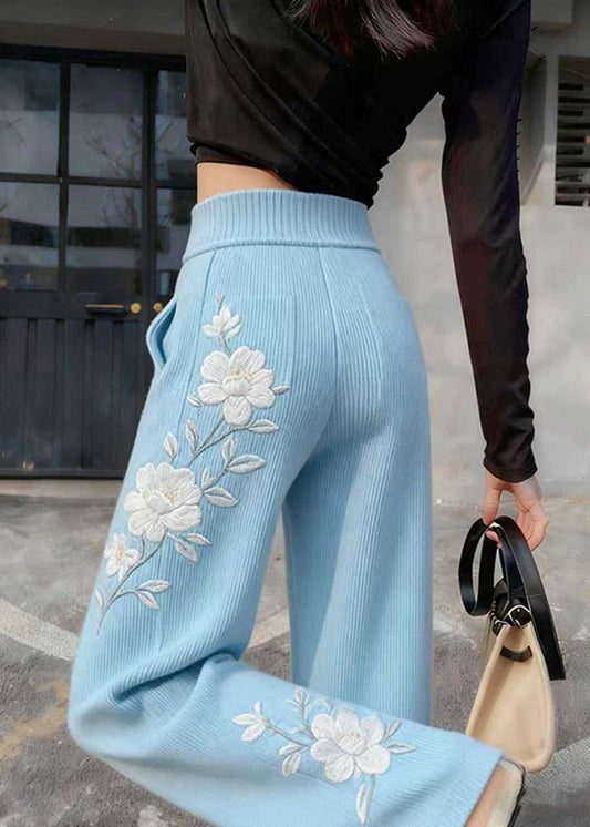 Art Blue Embroidered Floral Knit Straight Pants Spring