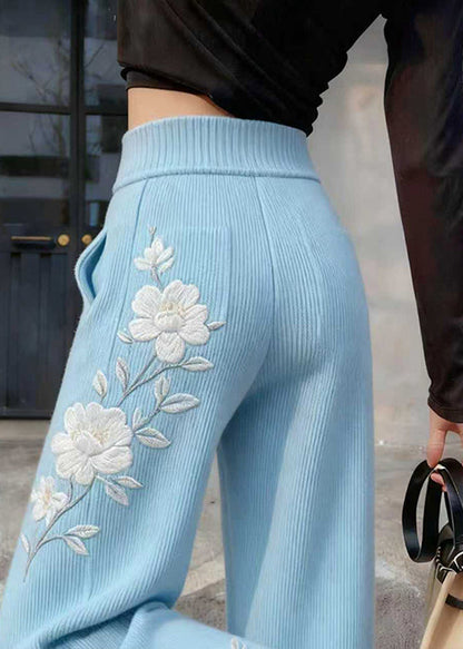 Art Blue Embroidered Floral Knit Straight Pants Spring