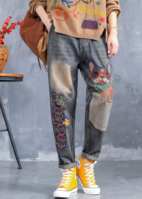 Art Blue Embroideried Pockets Denim Pants Frühling