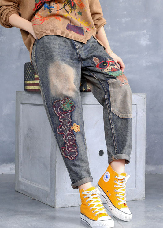 Art Blue Embroideried Pockets Denim Pants Frühling