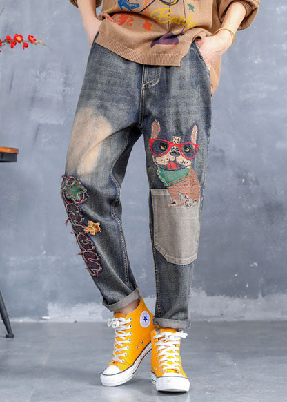 Art Blue Embroideried Pockets Denim Pants Frühling