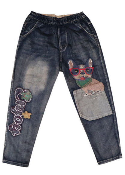Art Blue Embroideried Pockets Denim Pants Frühling