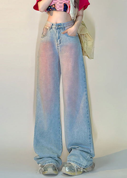 Art Blue Gradient Color Pockets High Waist Denim Pants Spring