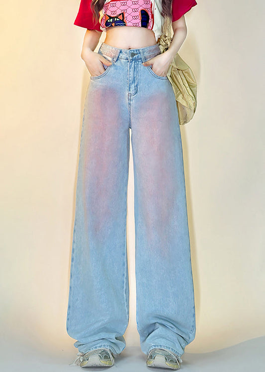 Art Blue Gradient Color Pockets High Waist Denim Pants Spring