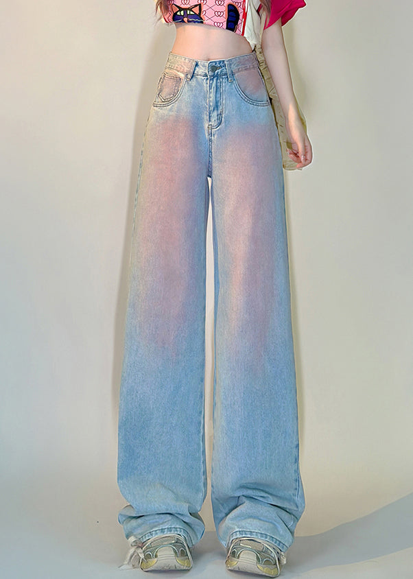 Art Blue Gradient Color Pockets High Waist Denim Pants Spring