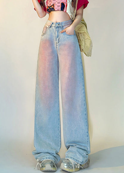 Art Blue Gradient Color Pockets High Waist Denim Pants Spring