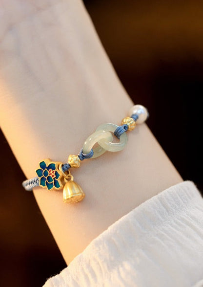 Pulsera de cadena de loto con perla y hebilla de ping con cobre dorado y tejido a mano en azul artístico