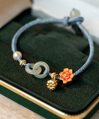 Pulsera de cadena de loto con perla y hebilla de ping con cobre dorado y tejido a mano en azul artístico