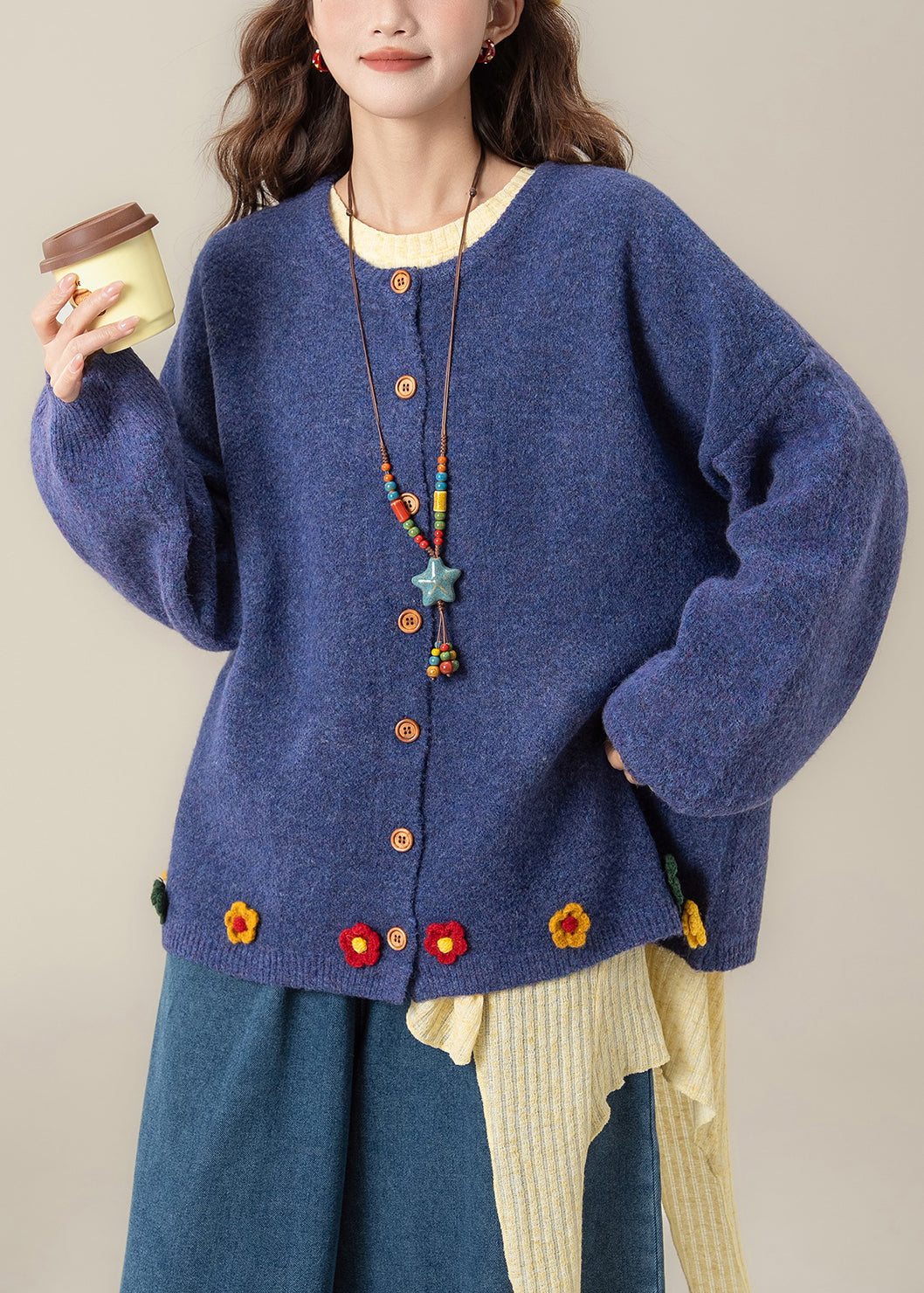 Art Blue O Neck Button Floral Knit Coat Spring