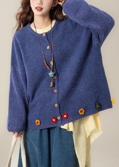 Art Blue O Neck Button Floral Knit Coat Spring