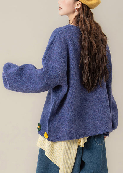 Art Blue O Neck Button Floral Knit Coat Spring