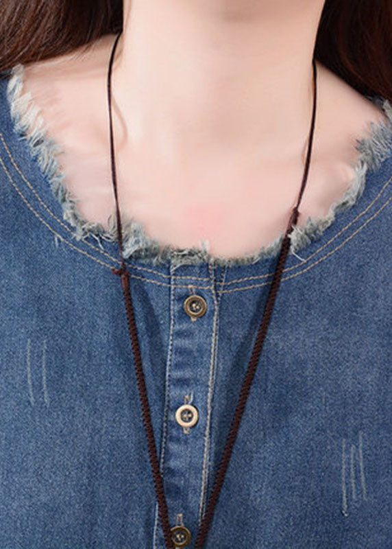 Art Blue O-Ausschnitt Taschen Knopf Denim Herbst Langarmkleid