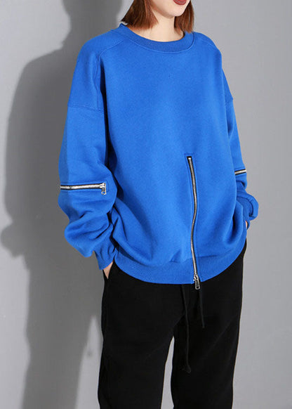 Art Blue O-Ausschnitt Reißverschluss Loose Fall Pullover Street Wear
