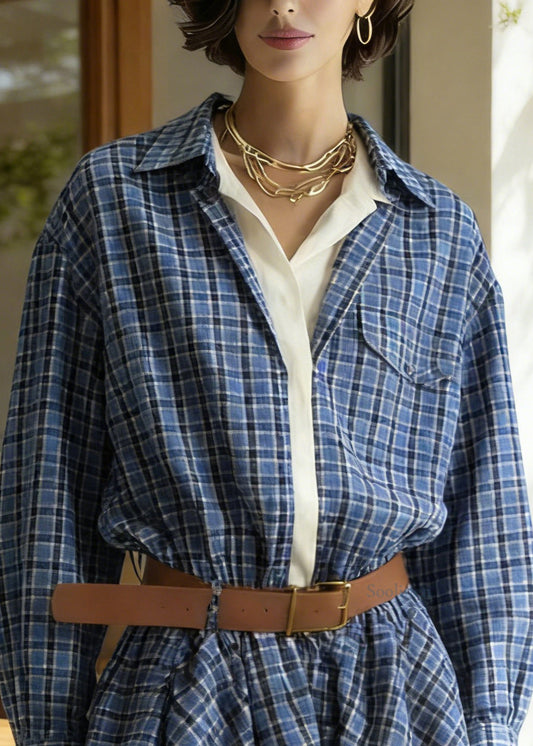 Art Blue Peter Pan Collar Plaid False Two Pieces Patchwork Cotton Dress Spring