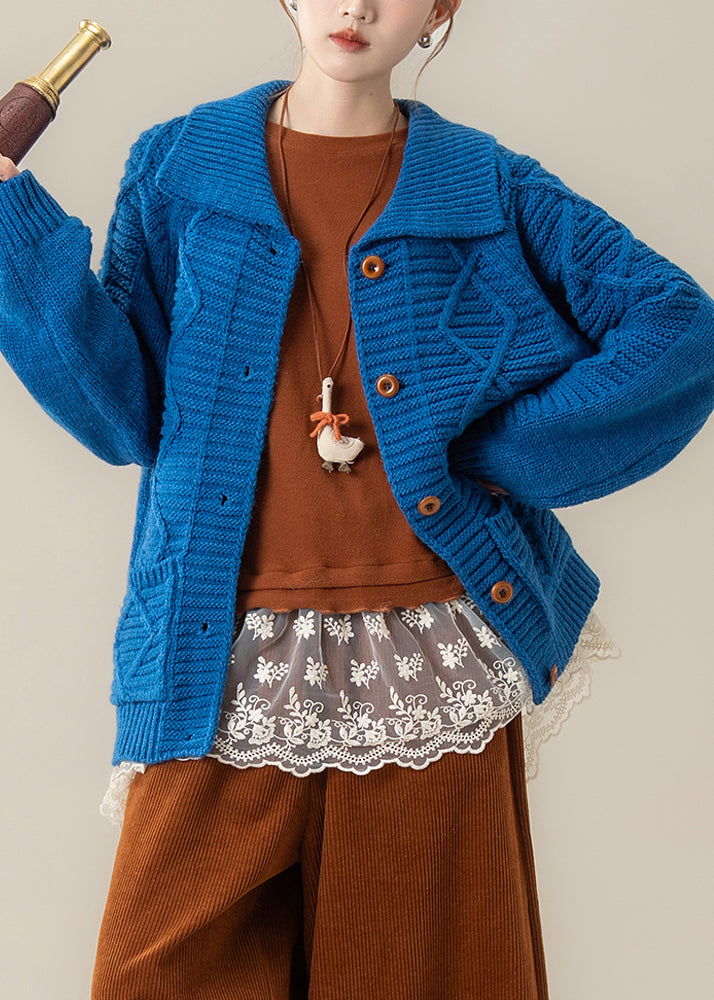 Kunst Blau Peter Pan Kragen Taschen Zopfstrick Lockerer Mantel Winter