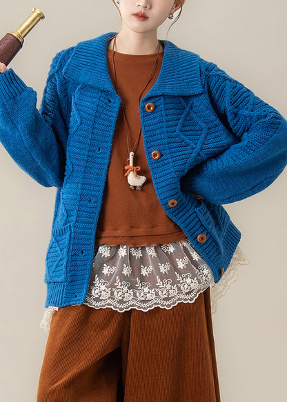 Kunst Blau Peter Pan Kragen Taschen Zopfstrick Lockerer Mantel Winter