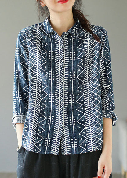 Camisas de algodón con cuello Peter Pan y estampado de patchwork en azul artístico para primavera