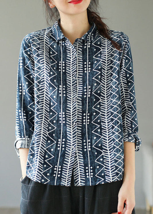 Camisas de algodón con cuello Peter Pan y estampado de patchwork en azul artístico para primavera