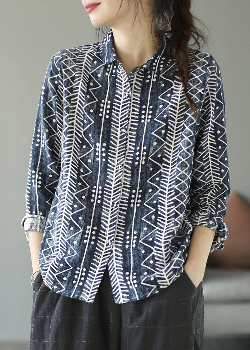 Camisas de algodón con cuello Peter Pan y estampado de patchwork en azul artístico para primavera