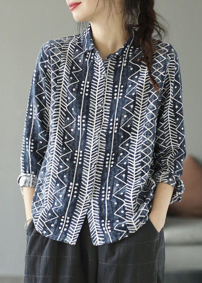 Camisas de algodón con cuello Peter Pan y estampado de patchwork en azul artístico para primavera