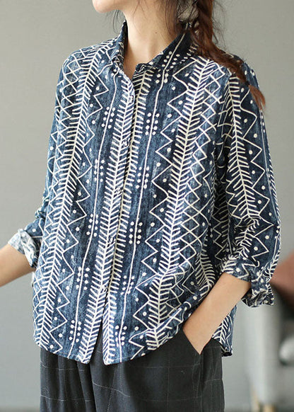 Camisas de algodón con cuello Peter Pan y estampado de patchwork en azul artístico para primavera