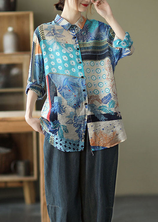 Kunst Blau Peter Pan Kragen Druck Patchwork Leinen Shirts Top Frühling