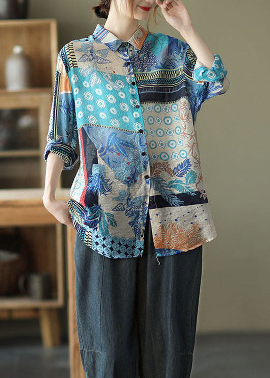 Kunst Blau Peter Pan Kragen Druck Patchwork Leinen Shirts Top Frühling