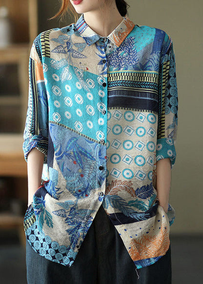 Kunst Blau Peter Pan Kragen Druck Patchwork Leinen Shirts Top Frühling