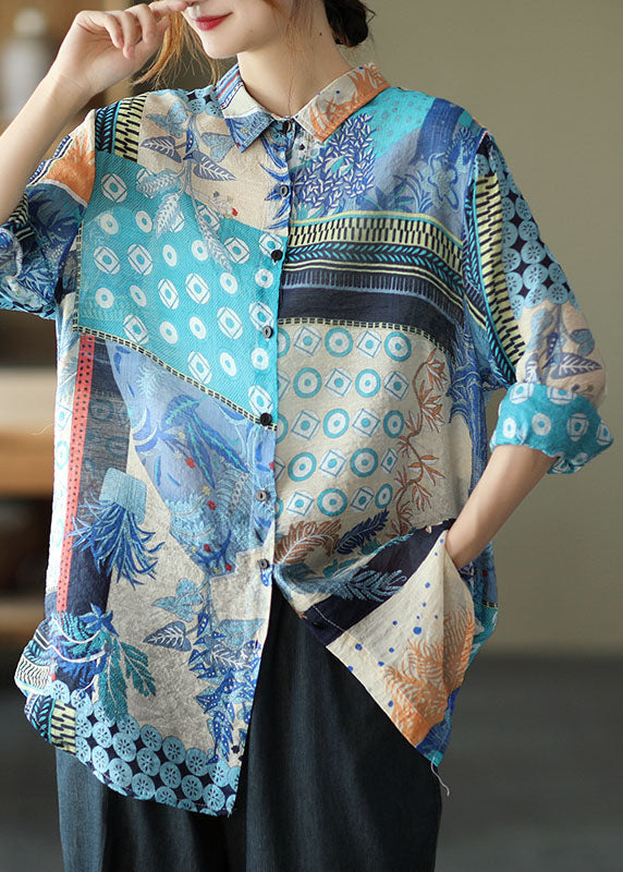 Kunst Blau Peter Pan Kragen Druck Patchwork Leinen Shirts Top Frühling