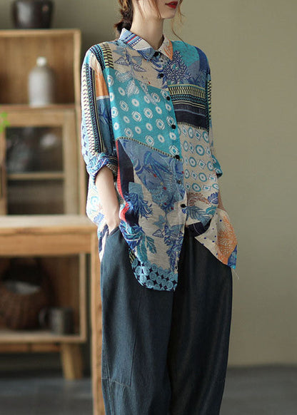 Kunst Blau Peter Pan Kragen Druck Patchwork Leinen Shirts Top Frühling