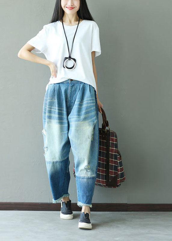 Art Blue Pockets Button Hole Fall Patchwork Pants - SooLinen