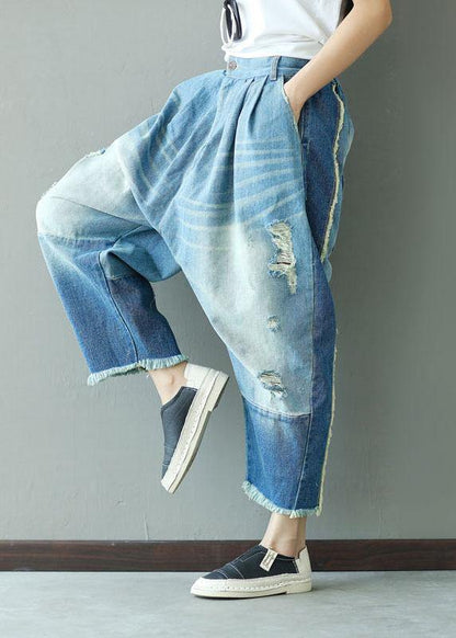 Art Blue Pockets Button Hole Fall Patchwork Pants - SooLinen